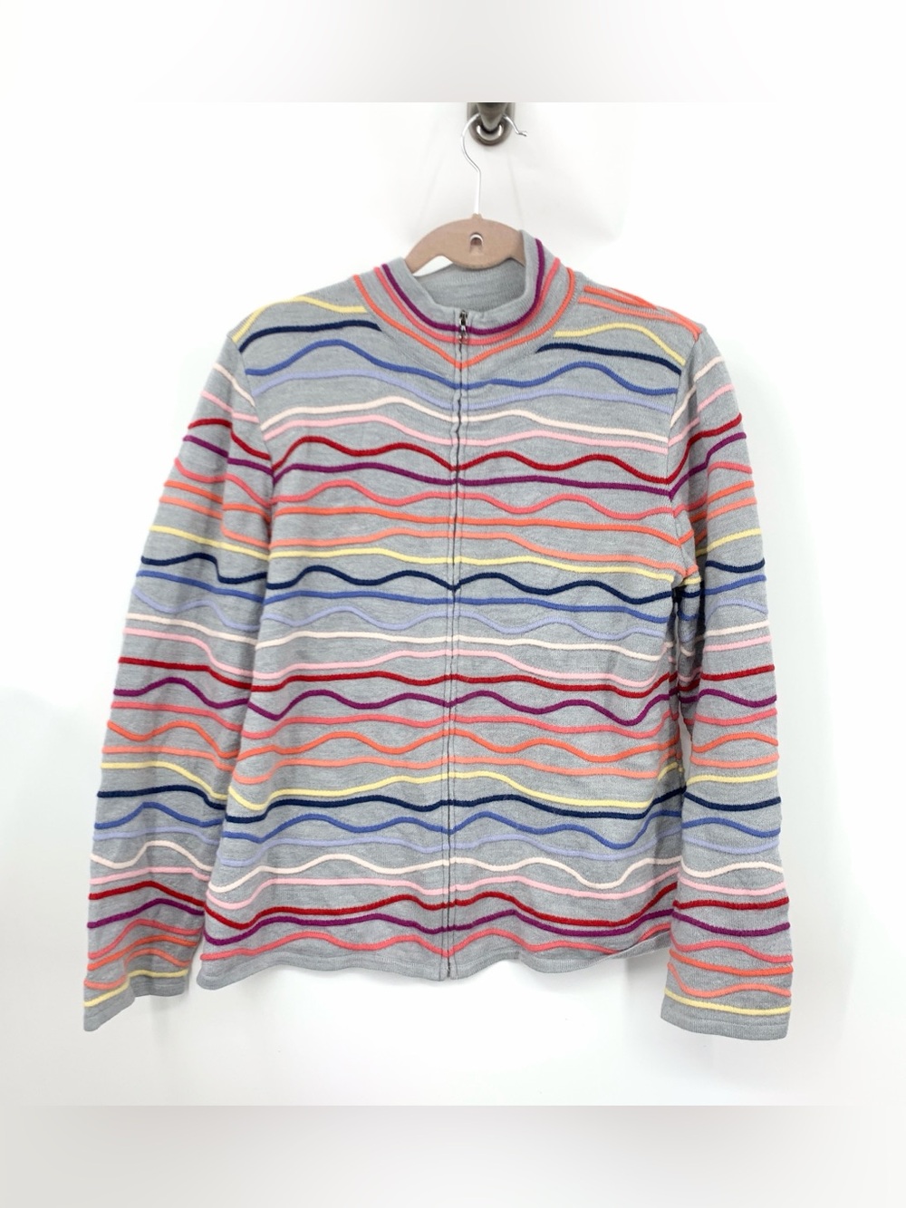 Coldwater Creek Women Size Large 14 16 Sweater Zip Cardigan Gray Rainbow Stripe